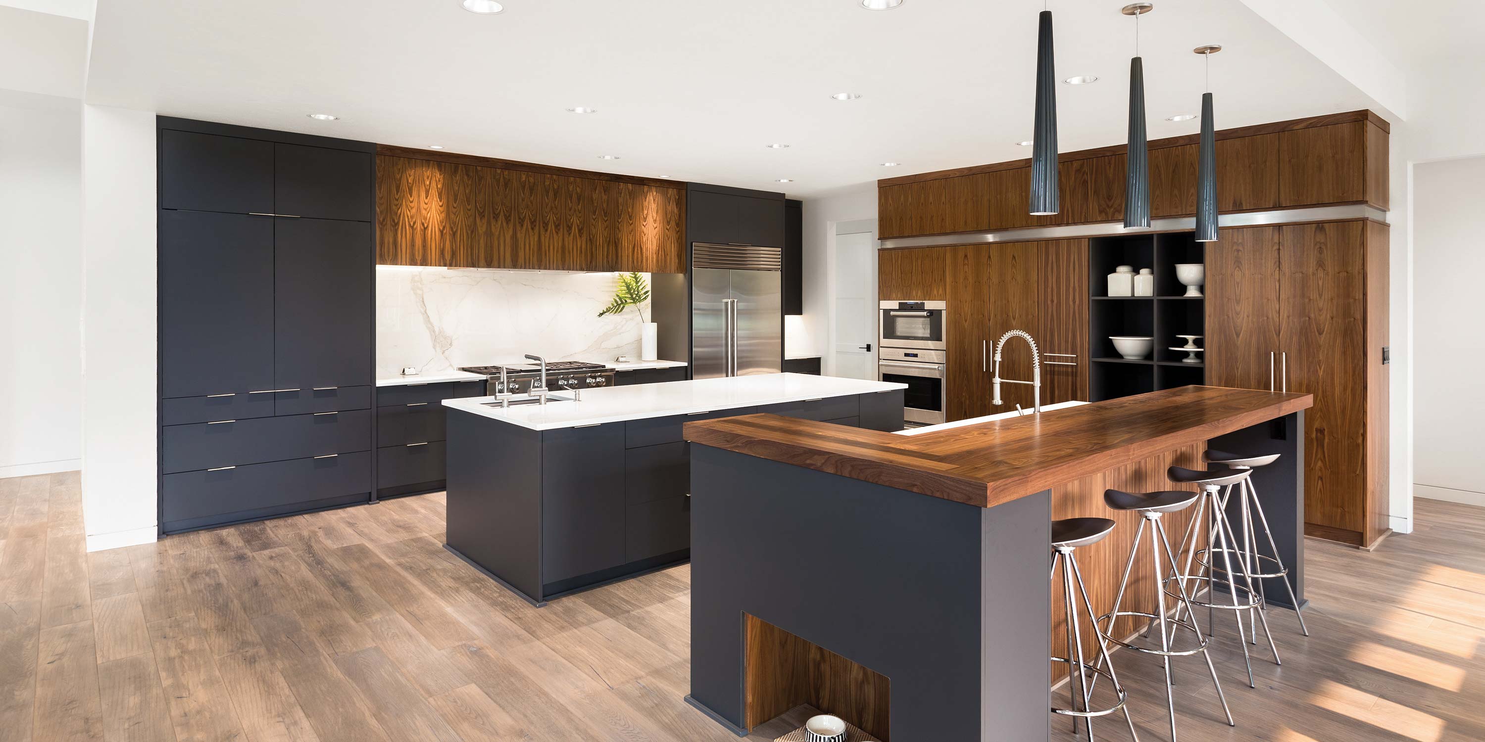 blue cabinetry in a kitchen with Sonance technologies