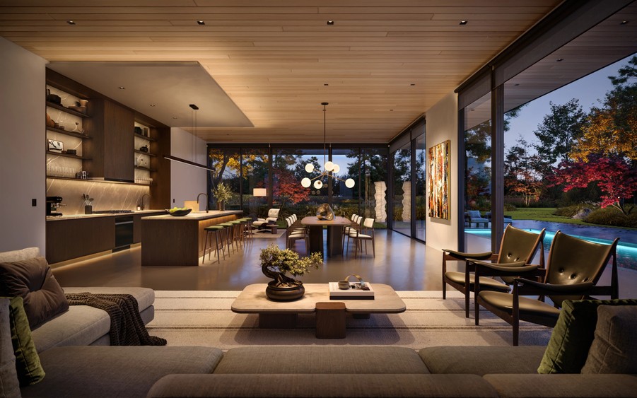 A home with an open floor plan and soft lighting by Lutron.