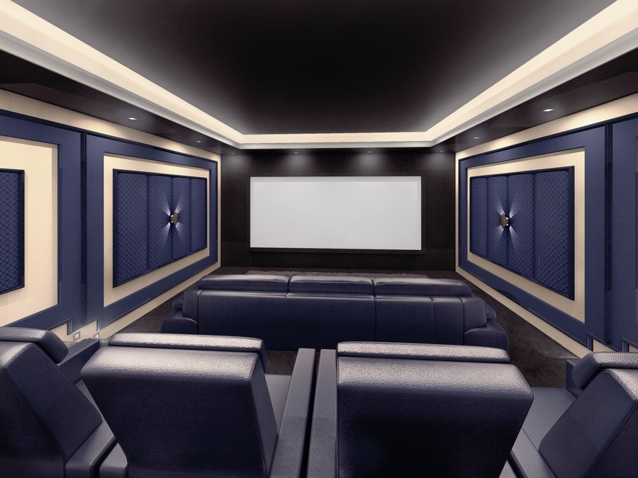 A home theater with luxurious blue leather seats and soundproofed walls.