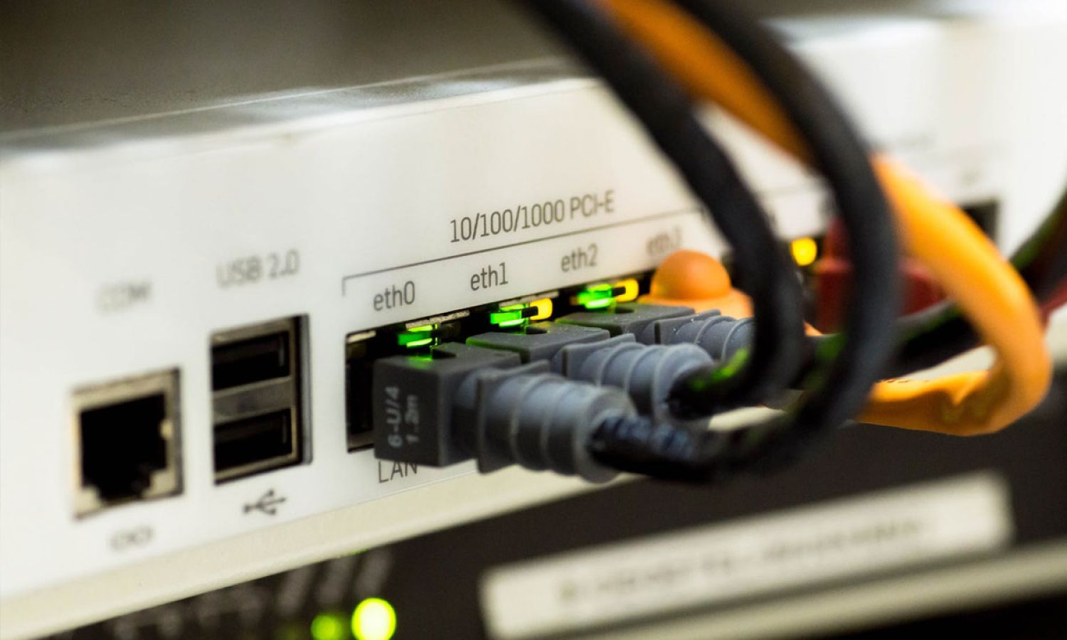 Back panel of a network device with multiple connected Ethernet cables and active indicator lights.