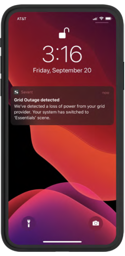 iPhone lock-screen at 3:16 p.m. displaying a Savant push notification: &ldquo;Grid Outage detected &ndash; system switched to &lsquo;Essentials&rsquo; scene.&rdquo;
