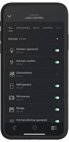 Savant Energy app &ldquo;Load Control&rdquo; phone screen: category tabs and a scrollable list of kitchen loads (general, outlets, dishwasher, refrigerator, microwave, range) each with wattage and green toggle switches.