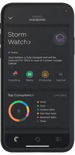 Smartphone screen running Savant Energy Dashboard in “Storm Watch” mode: thunder-cloud icon, message noting battery reserved for 72 hrs, status icons (Importing, Ready, Producing, Inactive) and a donut chart of top power consumers.