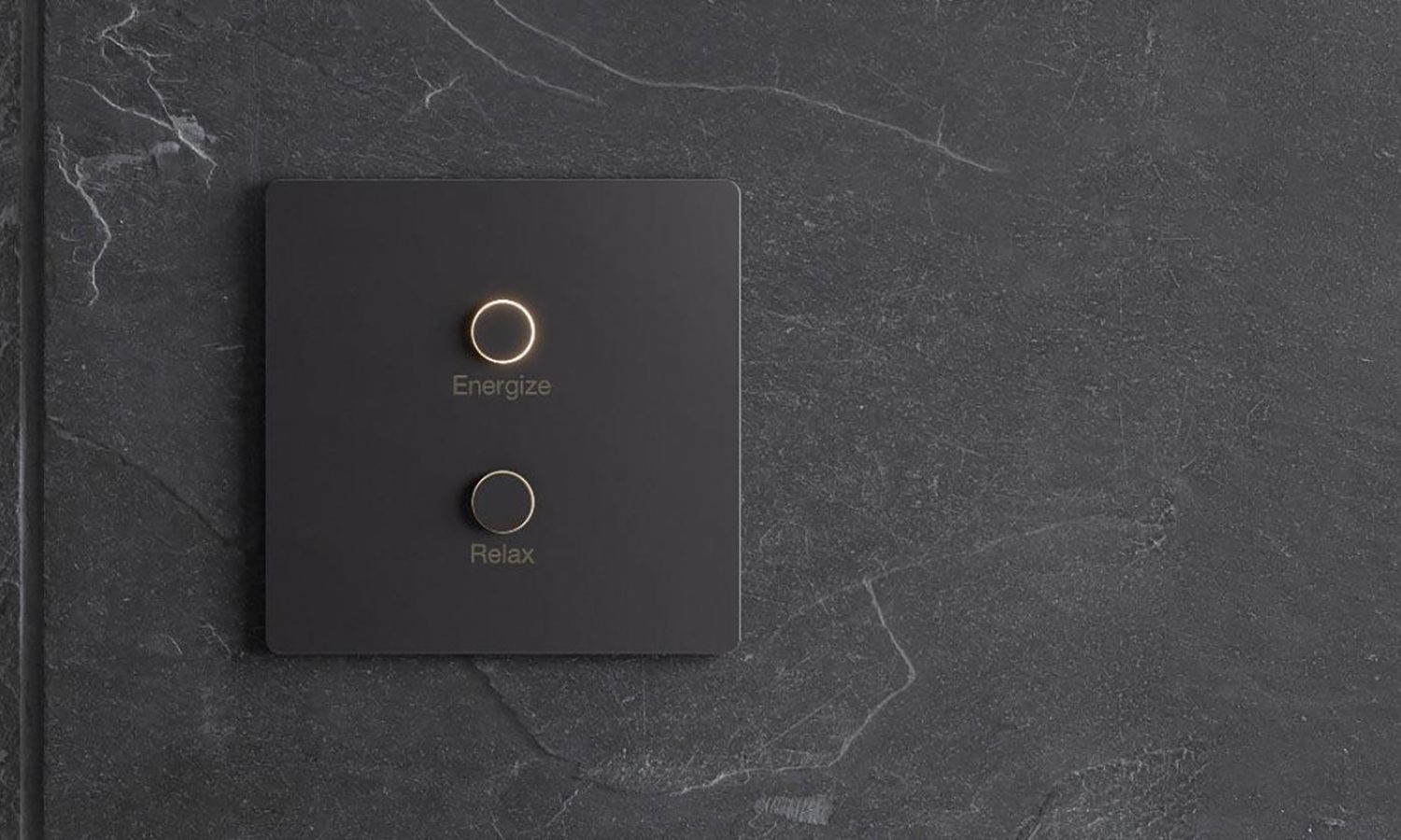 Modern black wall‑mounted control panel with two circular buttons labeled Energize and Relax set against a dark stone surface.