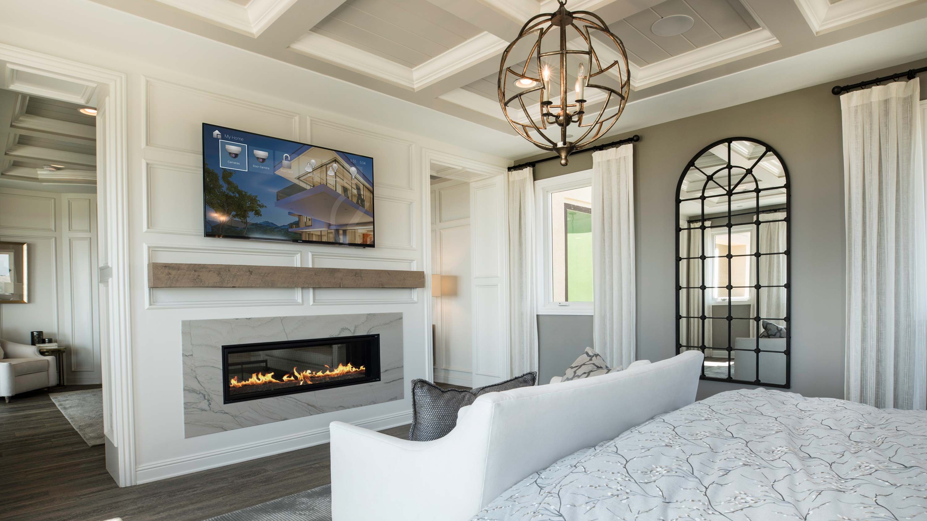 modern farmhouse with neutral colors with control4 on a tv screen