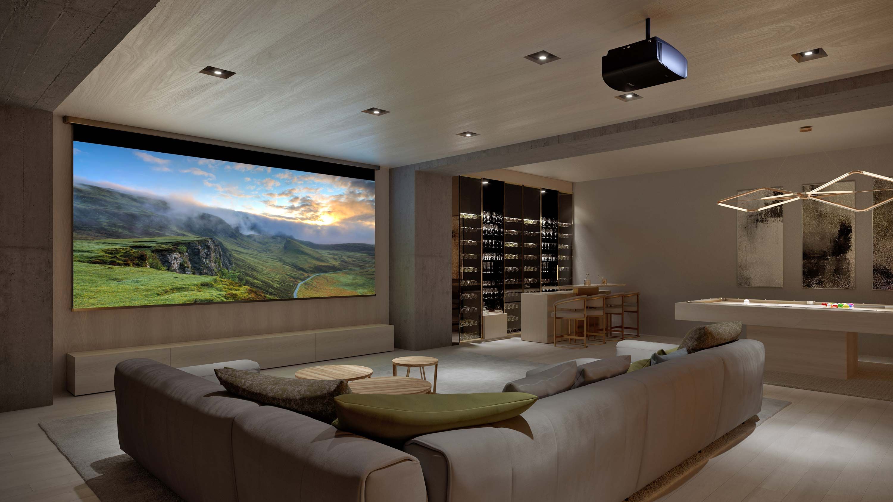 Sony media room with large projector screen and modern home bar